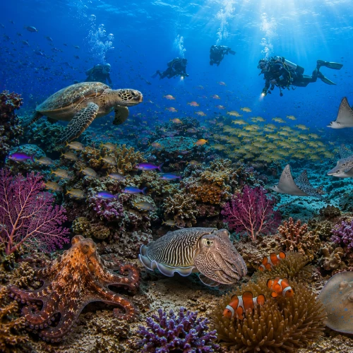 Secret Beach dive site with stingrays and soft corals