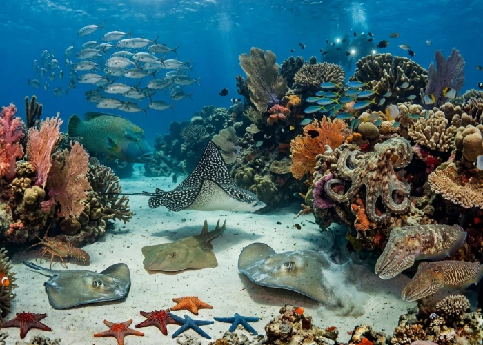 Bay Ternay Marine park with leopard rays and octopus