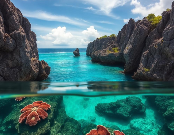 Seychelles granite cliffs and coral reef