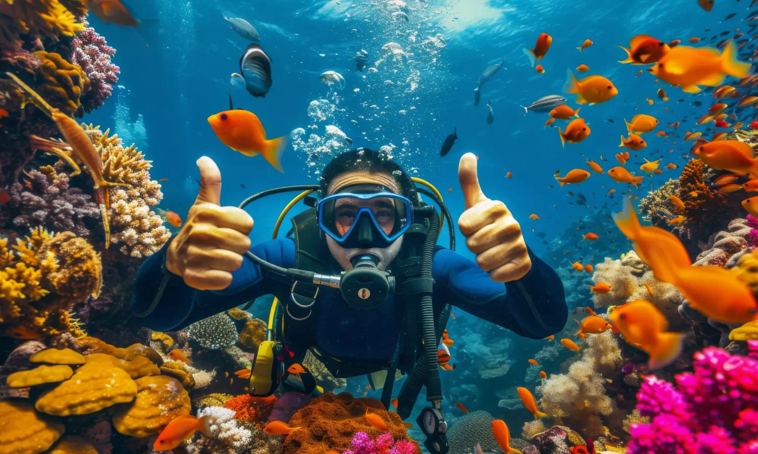 Scuba diver exploring a vibrant coral reef off Mahé Island, Seychelles with Equinoxe Diving School